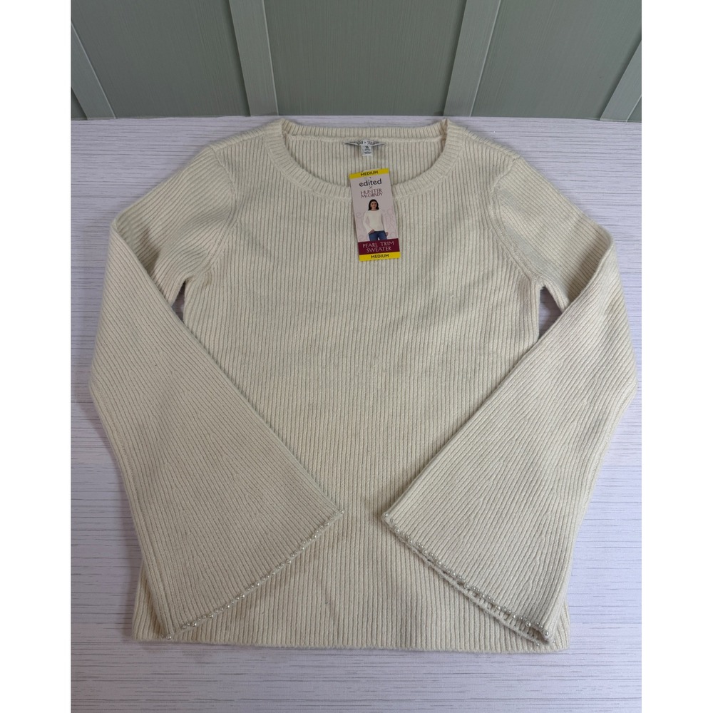 Edited x Hunter McGrady Women's Medium Pearl Trim Ribbed Sweater Cream